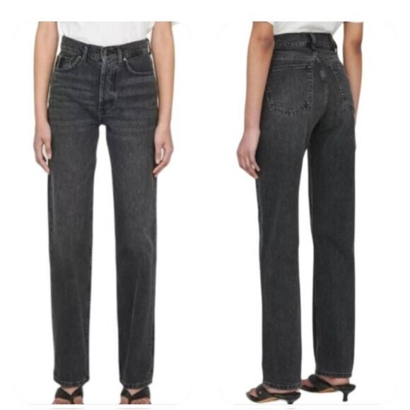 Anine Bing Denim - ANINE BING High Rise Kat Straight Leg Button Fly Jeans Black 23/00